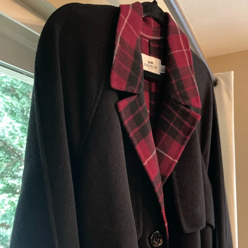 Women’s Coach Relaxed fit large Never Worn Wool Belted Trench Red Plaid Trim - Picture 4 of 11